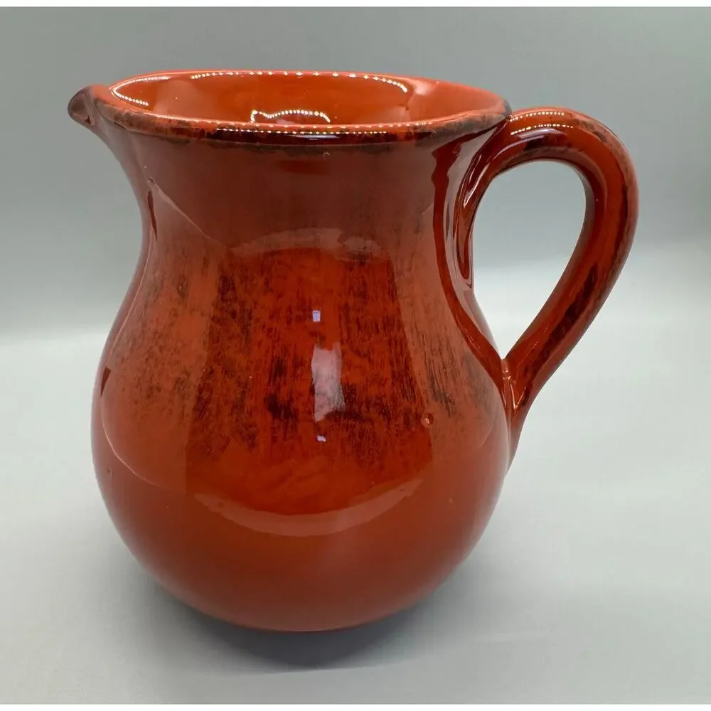 Vintage Small Orange & Brown Pitcher Glazed Clay Made in Italy 5 1/4